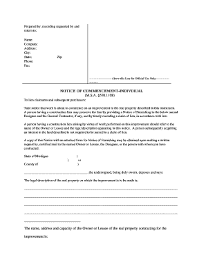 Michigan Notice of Commencement Individual  Form