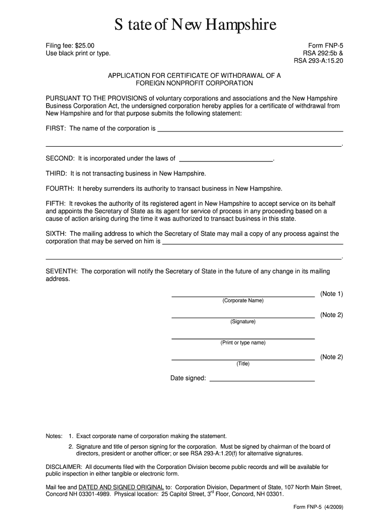 Form FNP 5 RSA 2925b & RSA 293 A15  Sos Nh