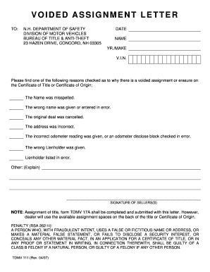 Nh Voided Assignment Letter  Form