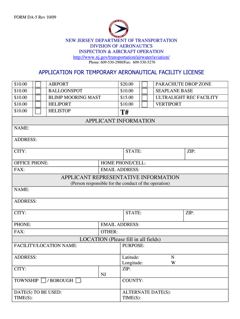  Application for Temporary Aeronautical Facility License Nj Form 2017