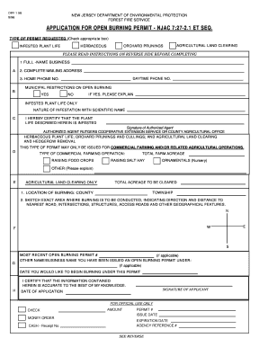 Nj Application for Open Burning Permit Njac 7 27 2 1 Et Seq  Form