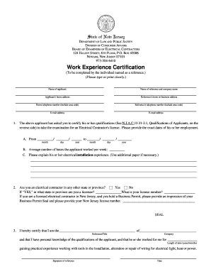 Nj Electrical Work Experience Certification  Form