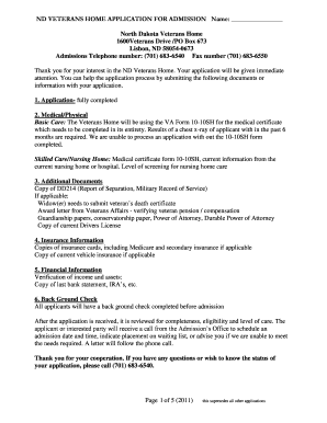 ND VETERANS HOME APPLICATION for ADMISSION Name North Dakota Veterans Home 1600Veterans Drive PO Box 673 Lisbon, ND 58054 0673 a  Form