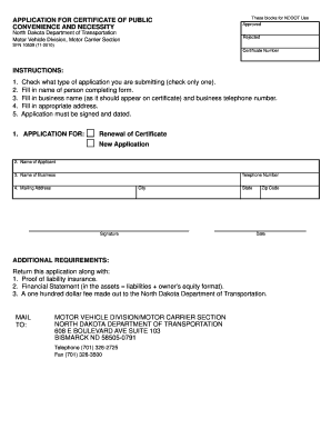 APPLICATION for CERTIFICATE of PUBLIC CONVENIENCE Dot Nd  Form