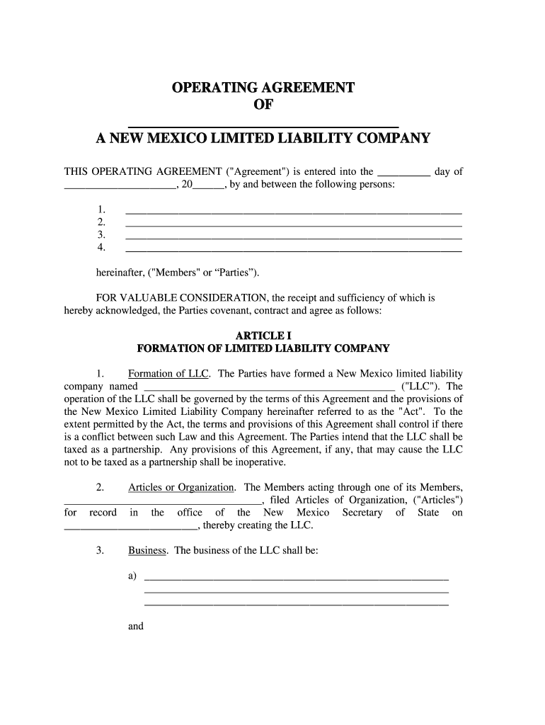 Get and Sign New Mexico Limited Liability Company LLC Operating Agreement  Form