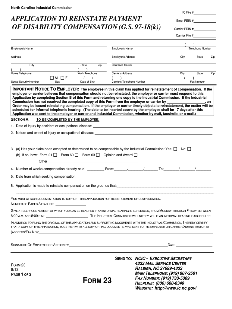 APPLICATION to REINSTATE PAYMENT of DISABILITY    Ic Nc  Form