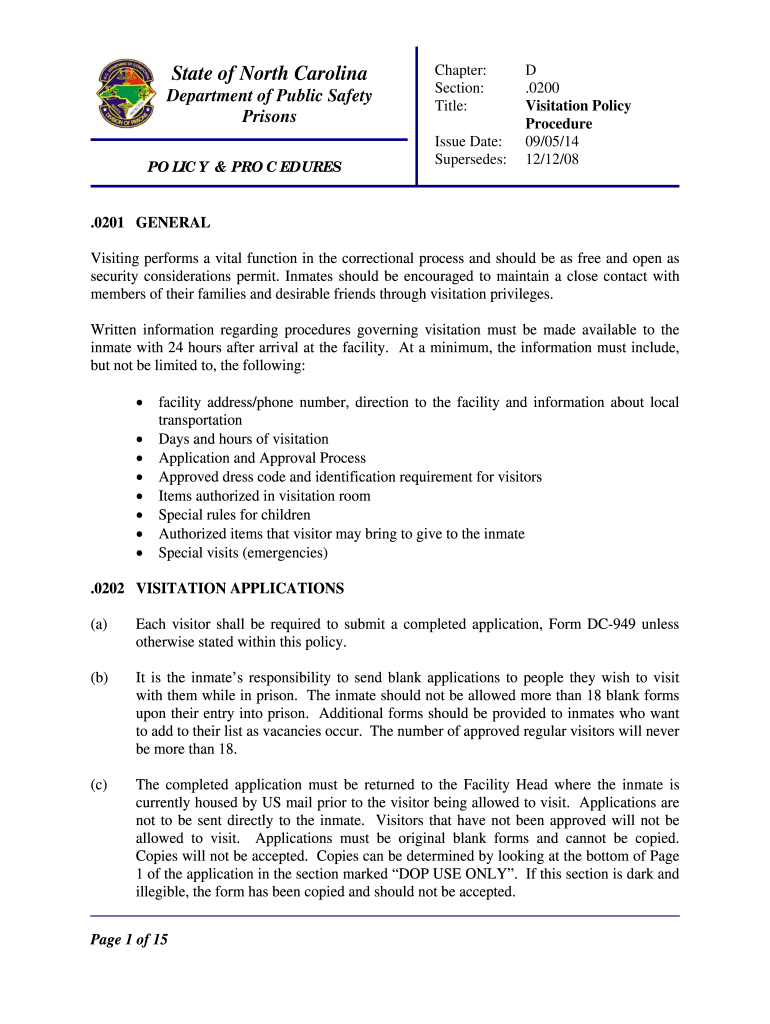  North Carolina Prison Visitation Form 2008