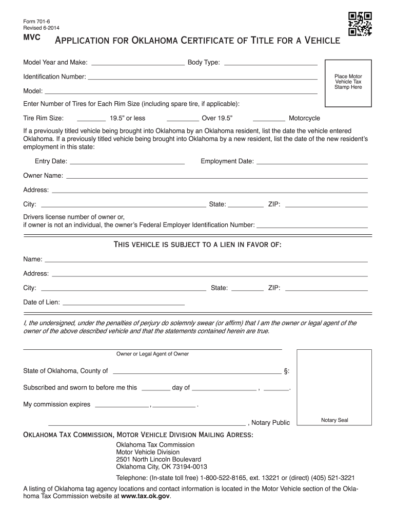  Application for Oklahoma Certificate of Title for a Vehicle Form 2014