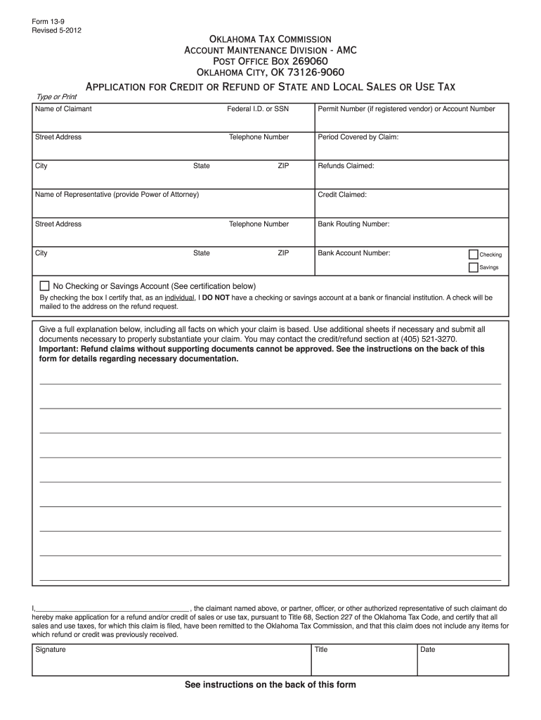  Oklahoma Tax Commission Form 13 9 2012