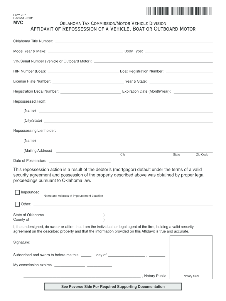  Oklahoma Repo Affidavit Form 2019