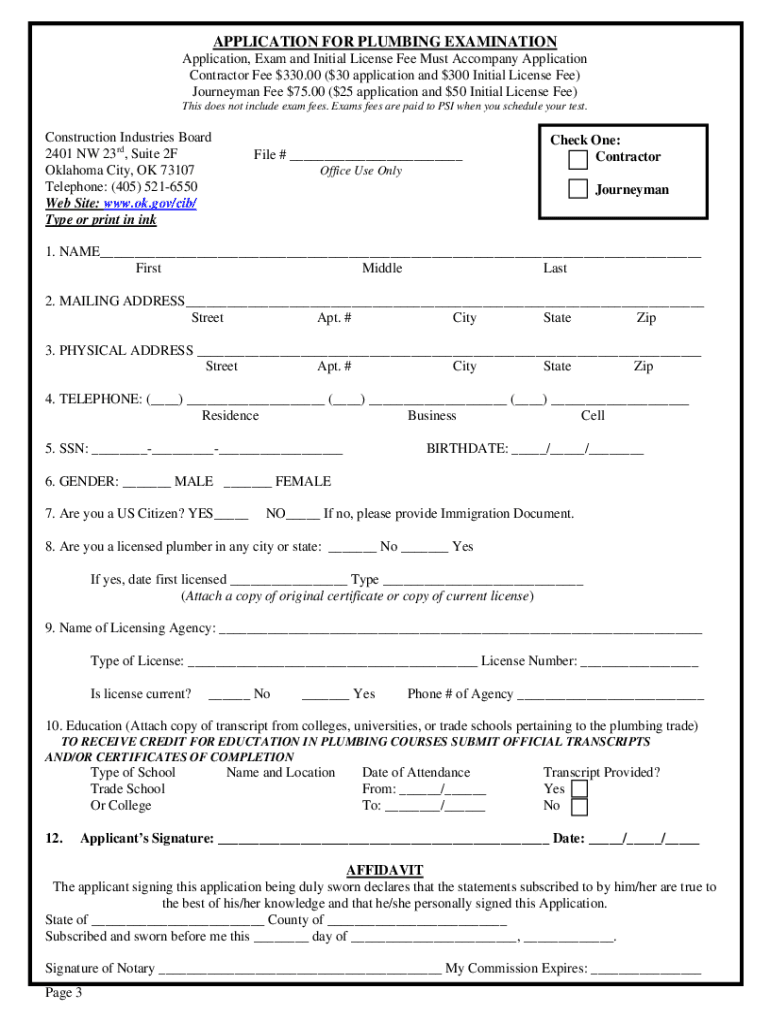 Plumbing Examination  Form