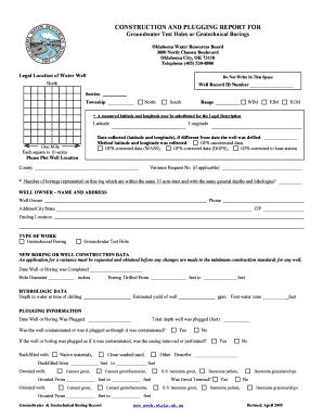 Downloadable Forms for Ok Water Resources Board for Construction and Plugging a Test Hole