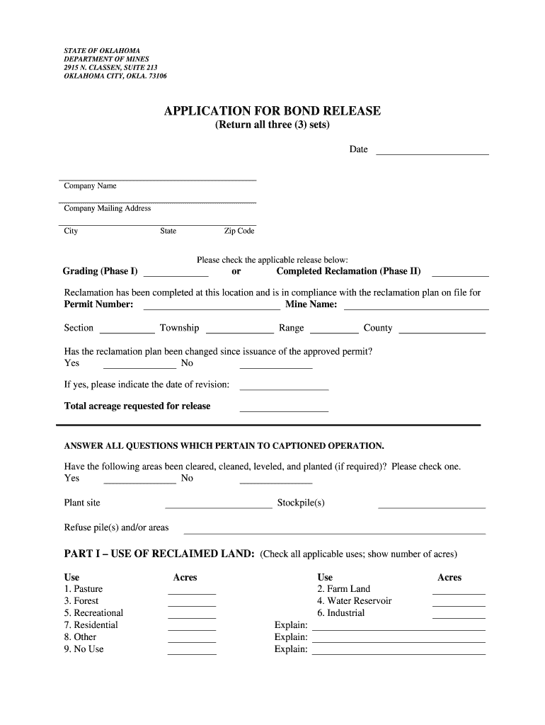 Application for Bond Release  OK Gov  Ok  Form