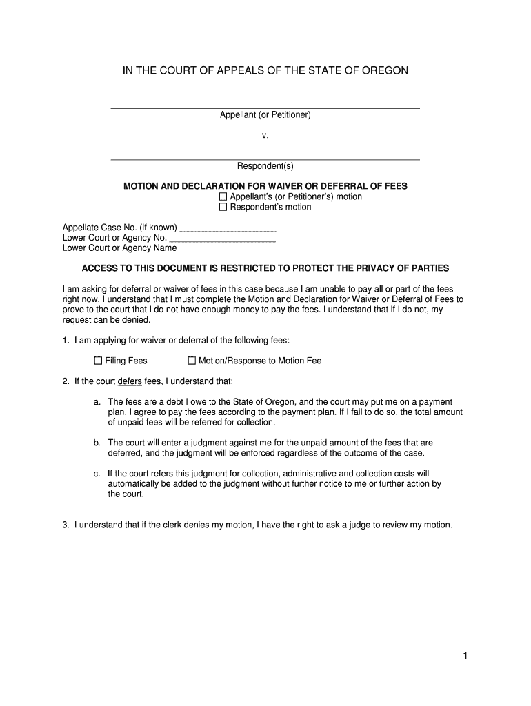 I Am Asking for Waiver or Deferral of Fees in This Case because I Am Unable to Pay All or Part of the Fees  Courts Oregon  Form