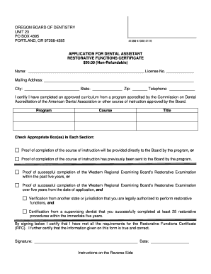 APPLICATION for DENTAL ASSISTANT RESTORATIVE FUNCTIONS CERTIFICATE $50 Oregon  Form