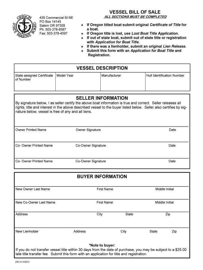  Oregon Vessel Bill of Sale 2010-2024