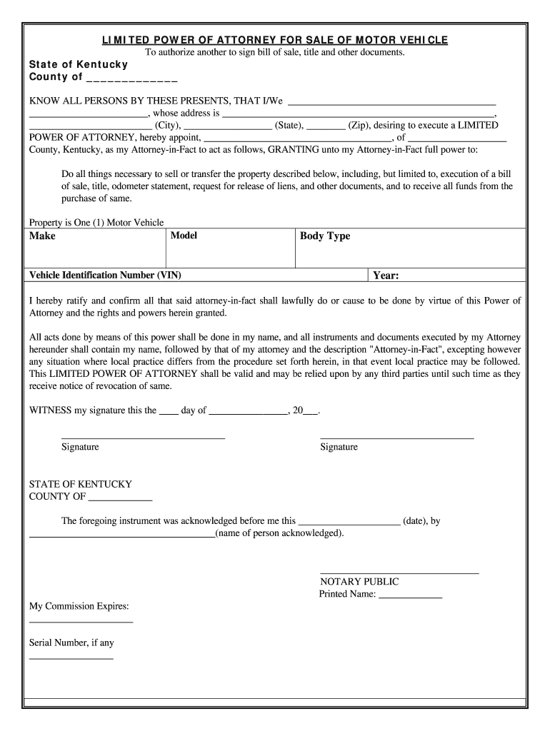 Kentucky Power of Attorney Form Vehicle