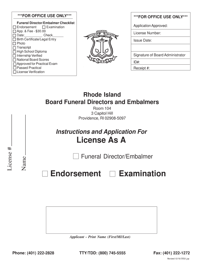 Get and Sign Funeral DirectorEmbalmer Checklist Endorsement Examination App  Health Ri  Form