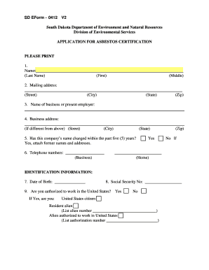 Asbestos Certification Form South Dakota Department of Denr Sd