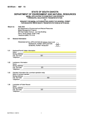 Initial Application for Transfer Station South Dakota Department of Denr Sd  Form