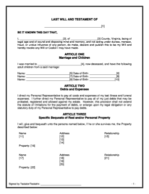 Last Will and Testament Template Virginia  Form