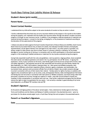 Youth Fishing Club Liability Waiver and Release Form