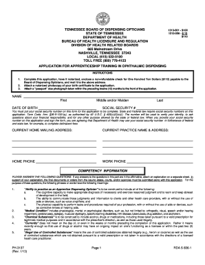 Tennessee Optician Apprenticeship Application  Form