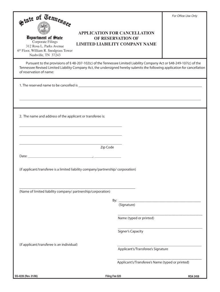 Application for Cancellation of Reserved Name TN Gov Tn  Form