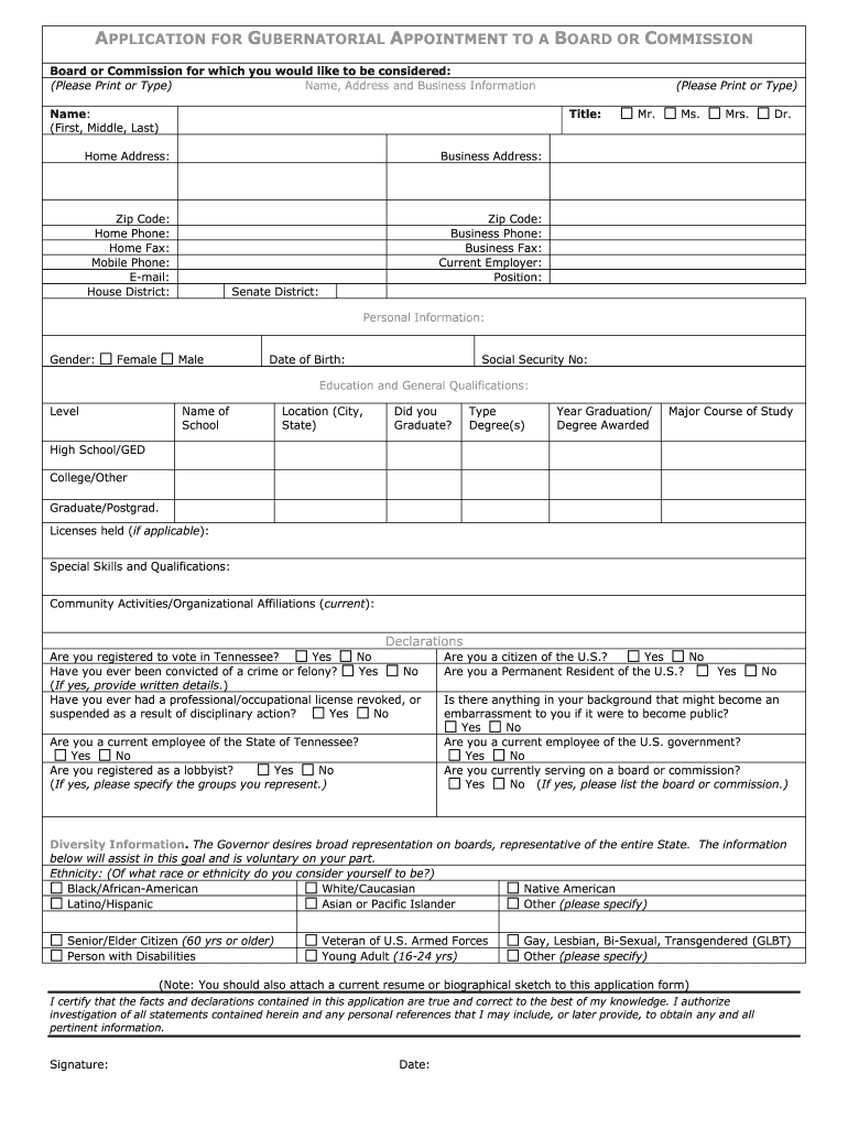 Tennessee Application for Gubernatorial Appointment to a Board or Commission  Form