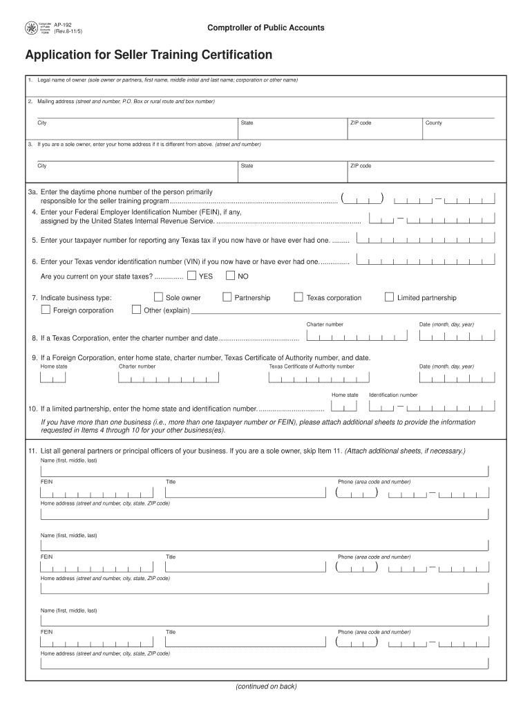 AP  192 Application for Seller Training Certification  Window Texas  Form