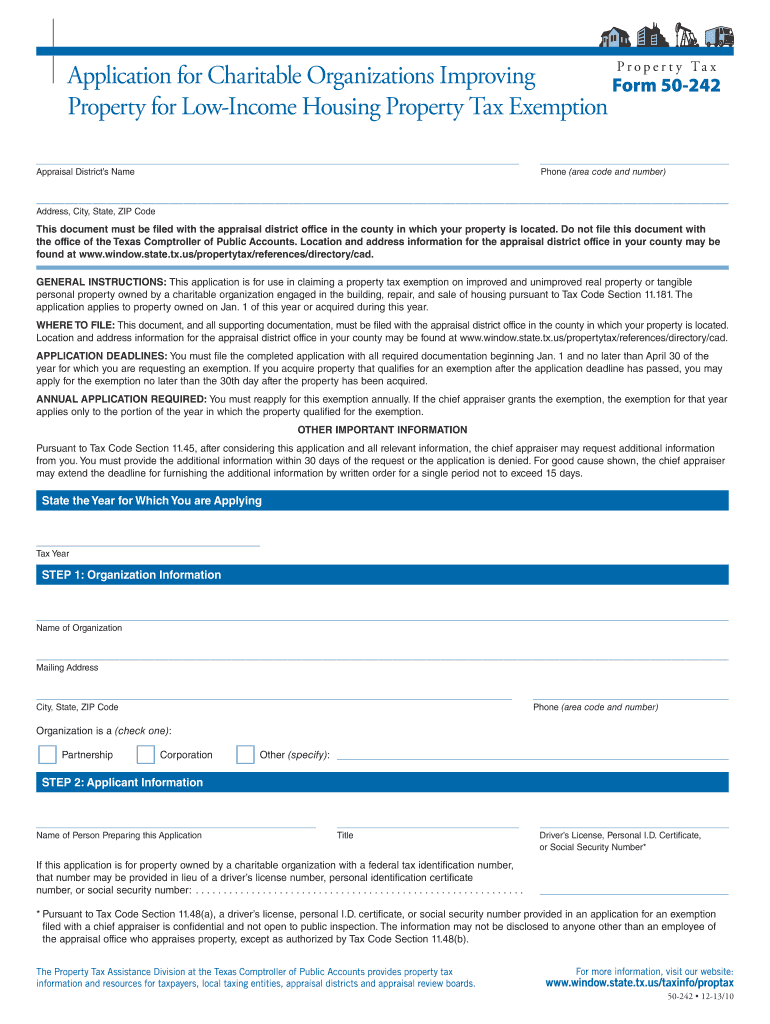 Application for Charitable Organizations Improving Property for Low Income Housing Property Tax Exemption  Window Texas  Form