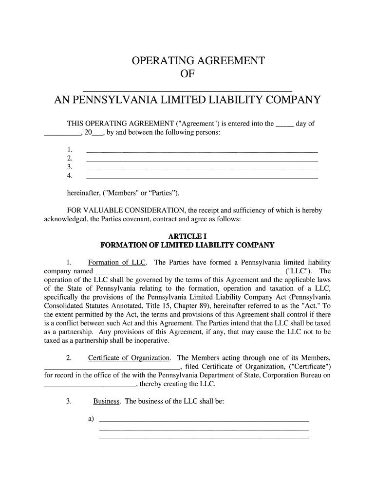 Operating Agreement Llc Pa  Form