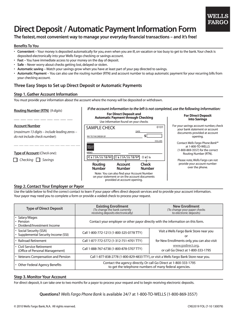  What Does a Direct Deposit for Wells Fargo Form 2010