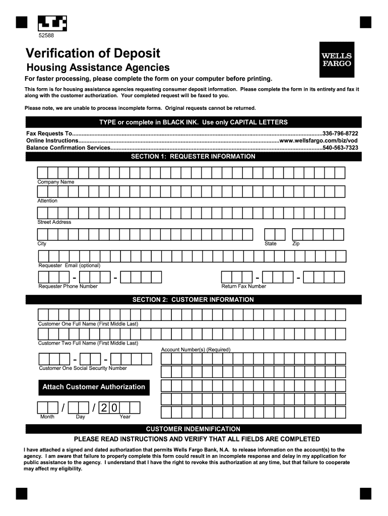 Wells Fargo Verification of Deposit  Form