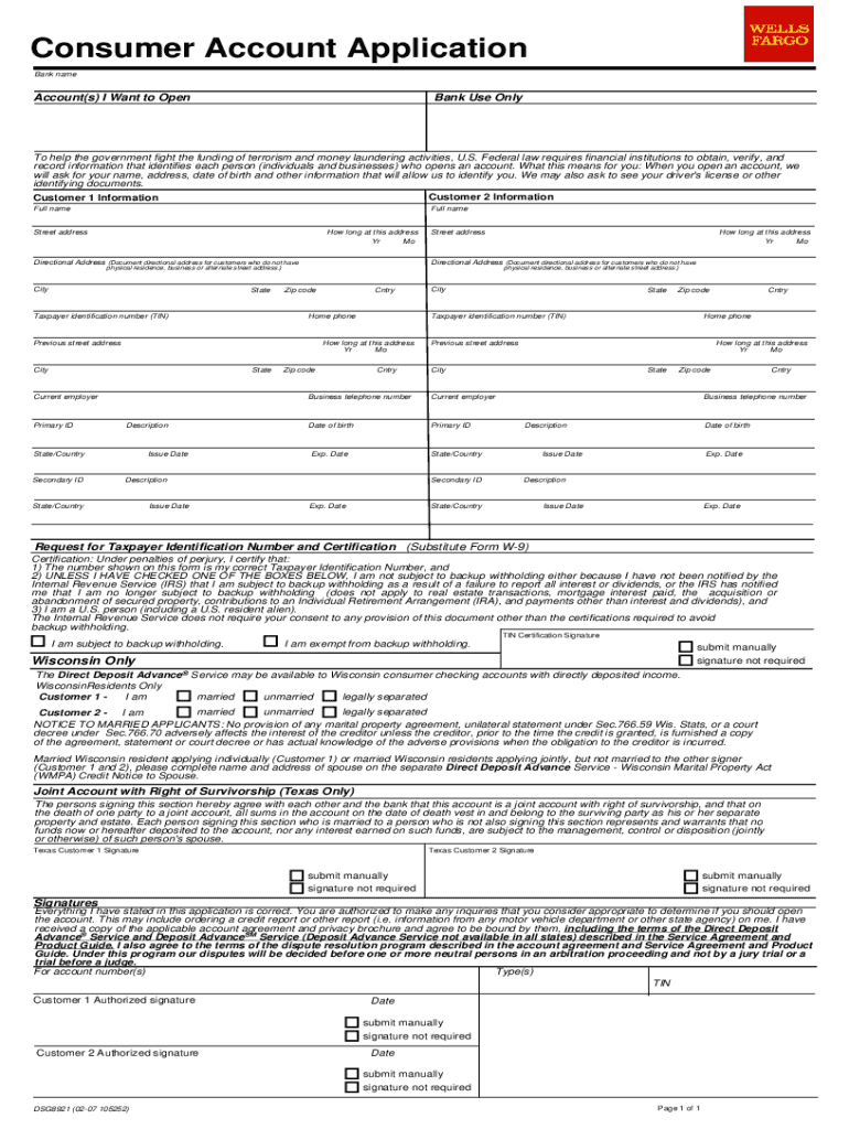  Wells Fargo Consumer Account Application 2007-2024