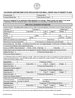 Colorado Uniform Employee Application Small Group Health