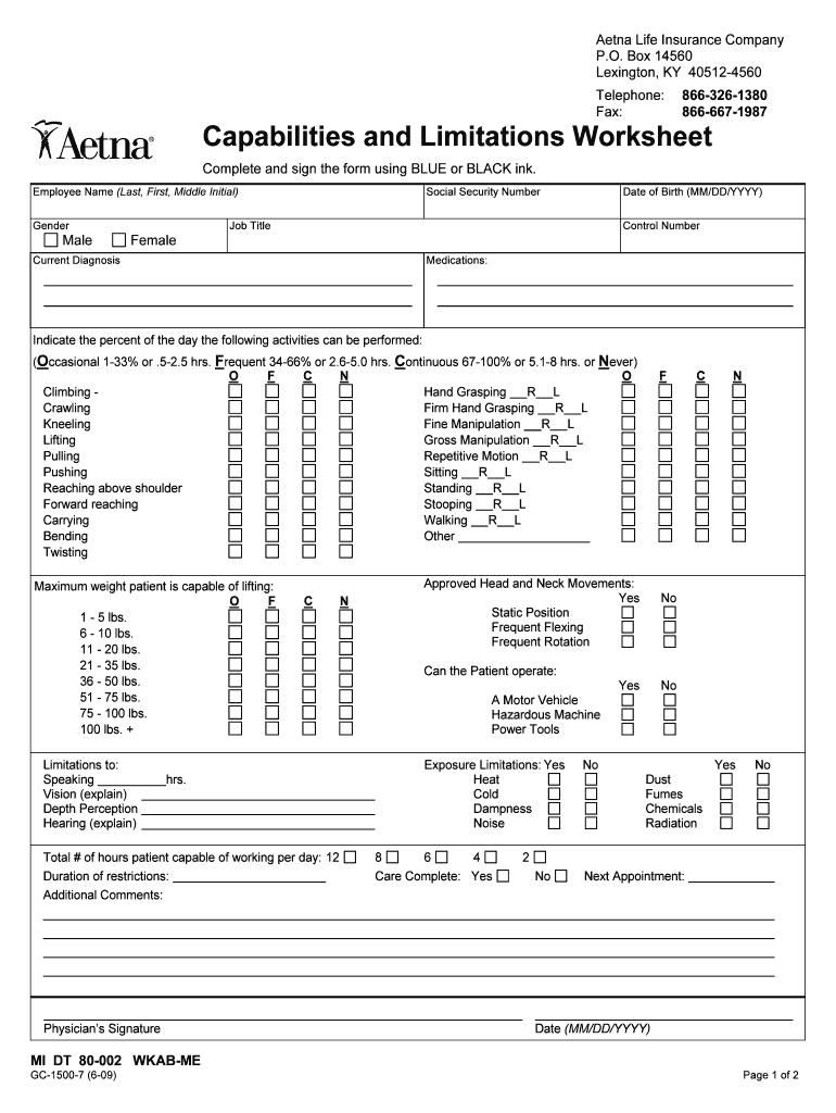 Aetna Insurance Forms Capabilities and Limitations Worksheet