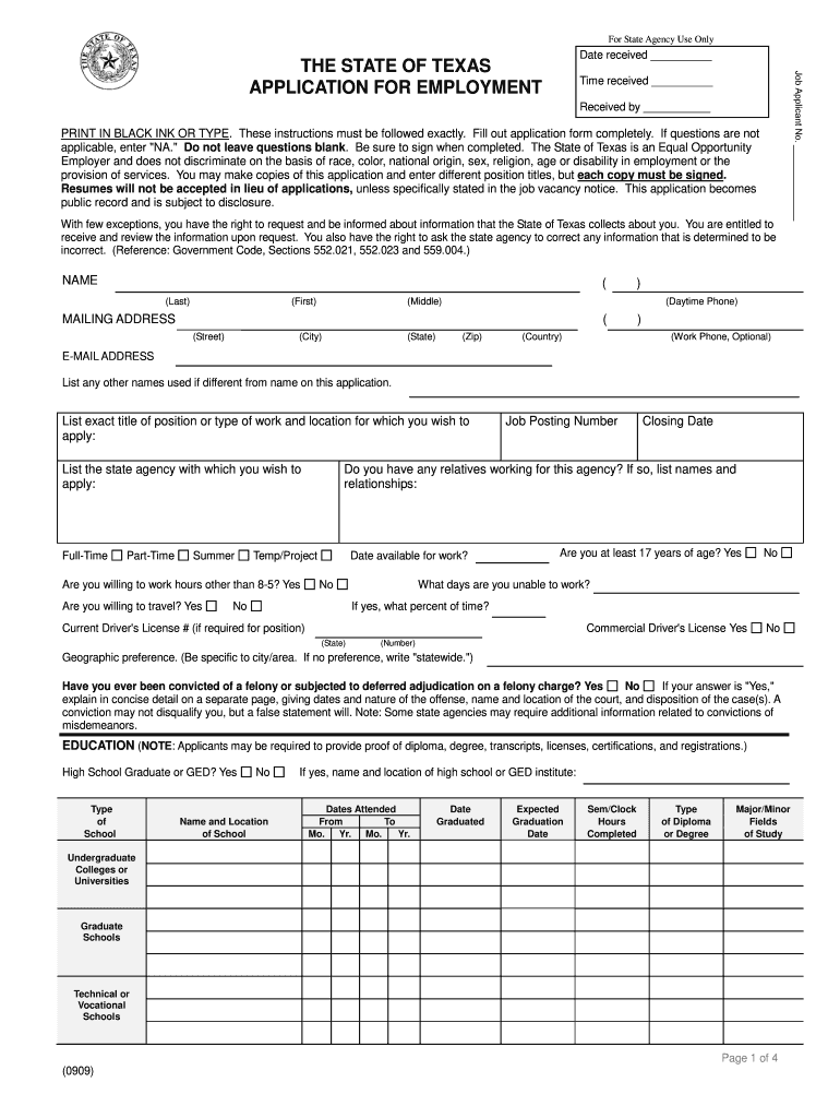  State of Texas Application for Employment 2009-2024