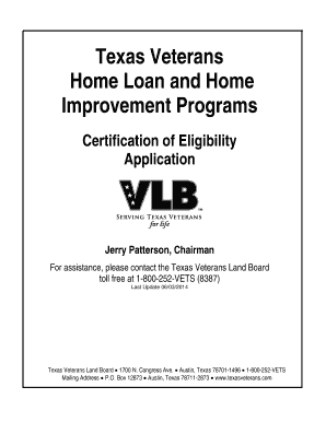 Texas Veterans Certification of Eligibility Application Fillable Form