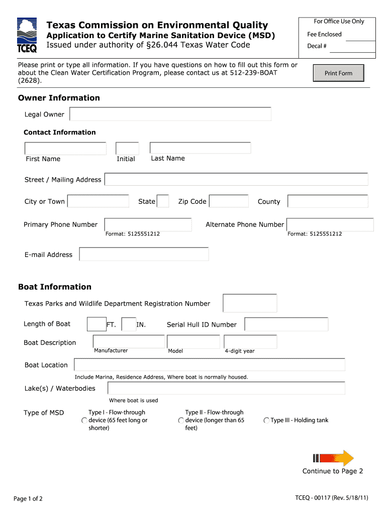 Application to Certify Marine Sanitation Device MSD Issued under Authority of 26  Tceq Texas  Form