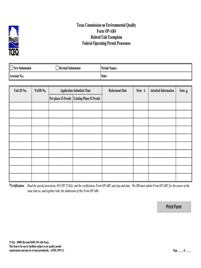 TCEQ Form OP AR4 Retired Unit Exemption Tceq Texas