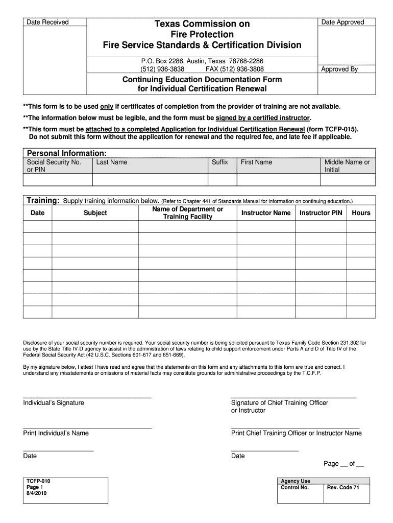 Get and Sign Texas Commission on Fire Protection Fire Service Standards    Tcfp Texas 2010-2022 Form