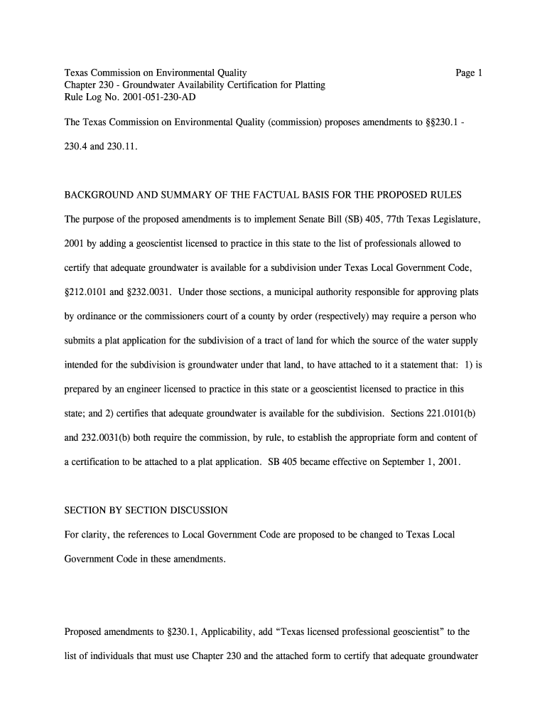  Certification of Groundwater Availability Tceq Ch 230 Form 2001