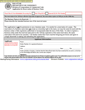 Application for Reservation of Business Name Utah Division of Corporations Utah  Form