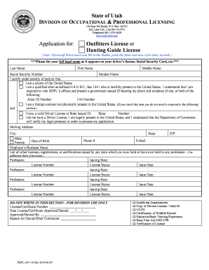 Utah Hunting Guide License  Form