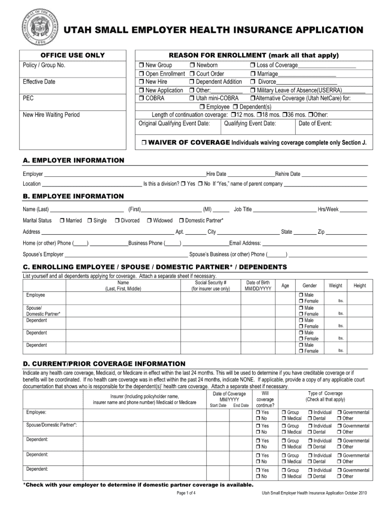  Utah Universal Health Insurance Application Form 2010