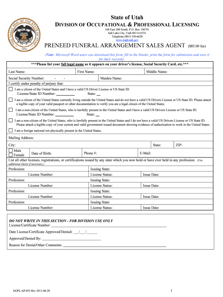 State of Utah DIVISION of OCCUPATIONAL & PROFESSIONAL  Dopl Utah  Form