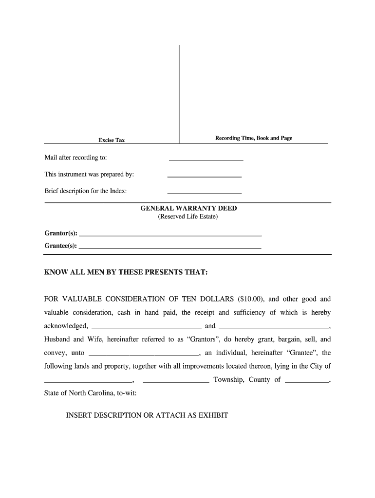 North Carolina Life Estate Deed Form