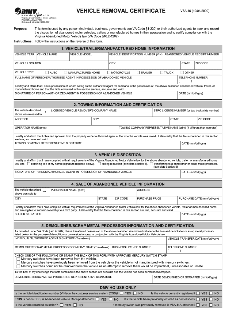  Dmv Vehicle Removal Certificate in Va  Form 2009