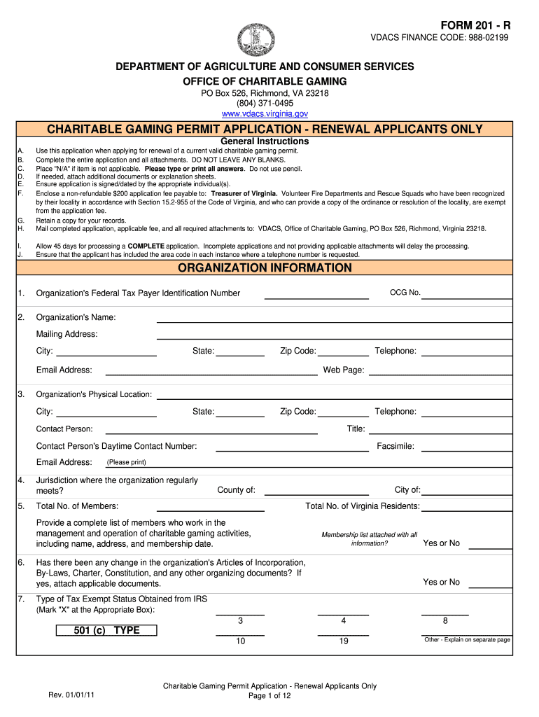  Virginia Department of Charitable Gaming Form 201 2011